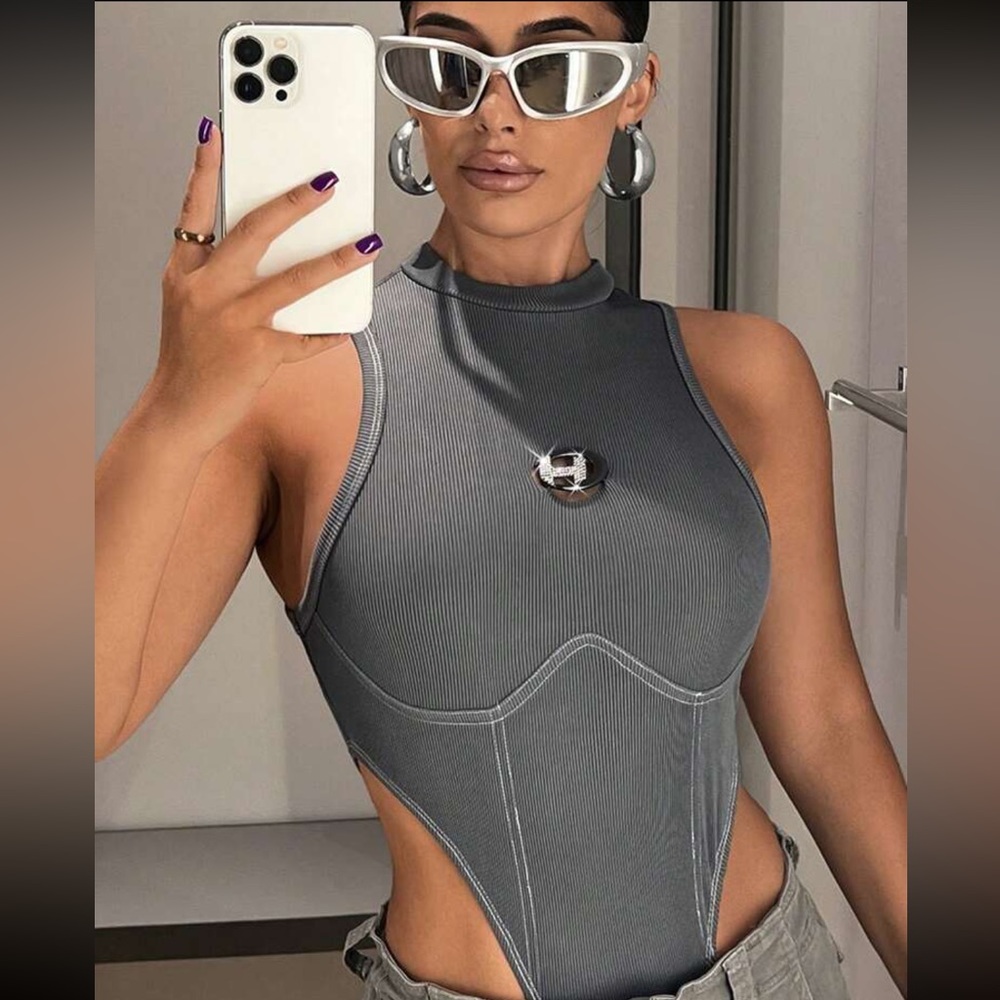 Letter Patched Detail Mock Neck High Cut Tank Bodysuit